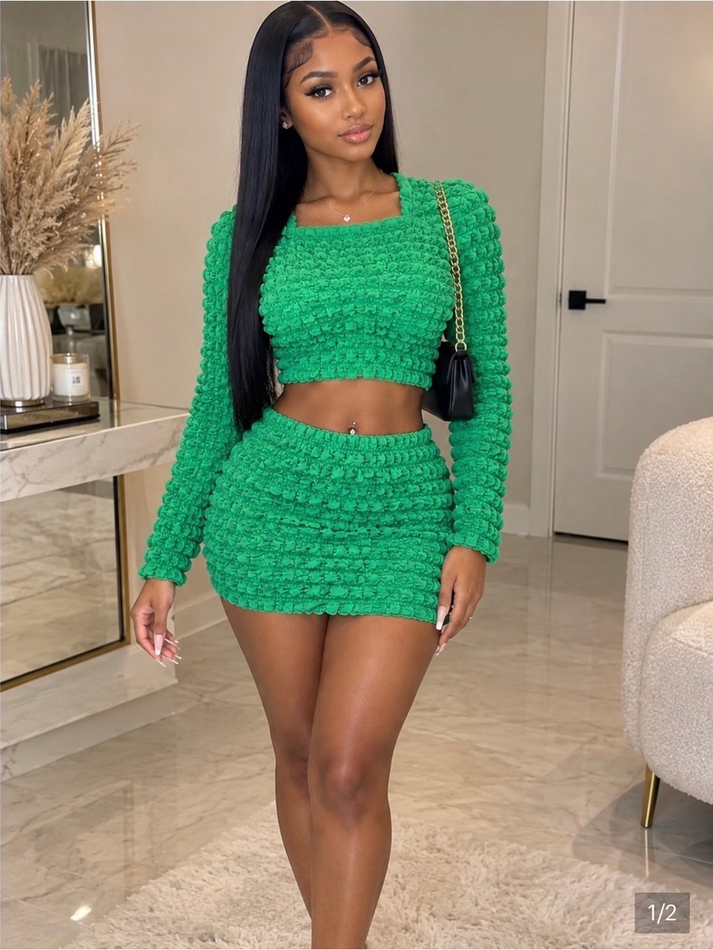 Green Textured Mini Skirt - Women